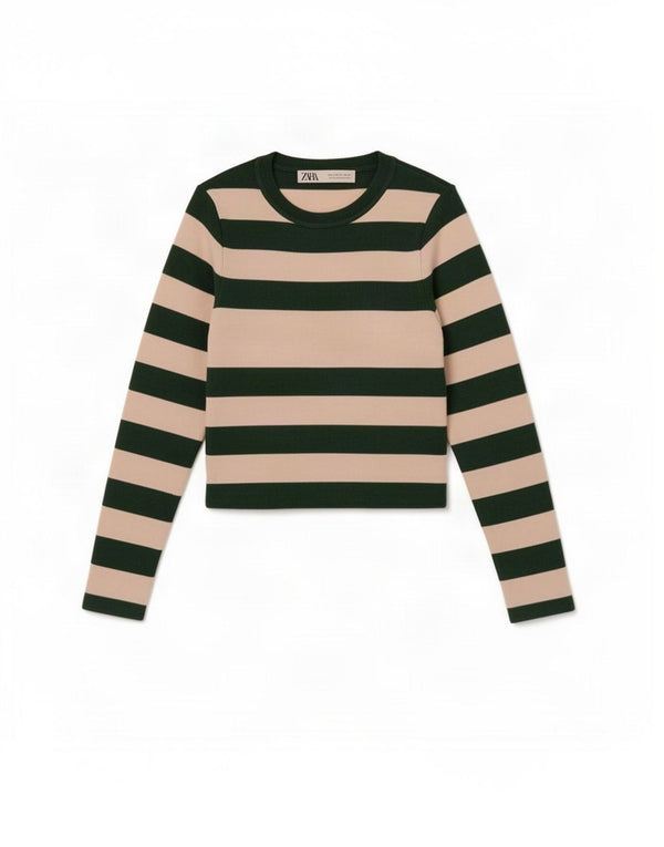 Zara Mujer Top Manga Larga UK 8 Small Viscosa Rayas Verde