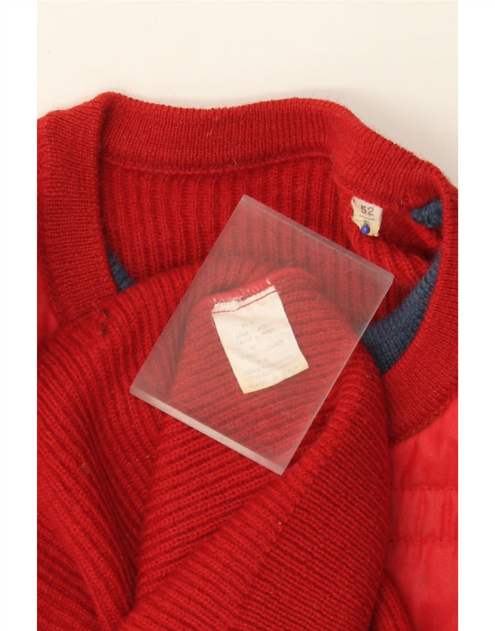 VINTAGE Jersey de cuello redondo para hombre IT 52 Lana roja grande con bloques de color