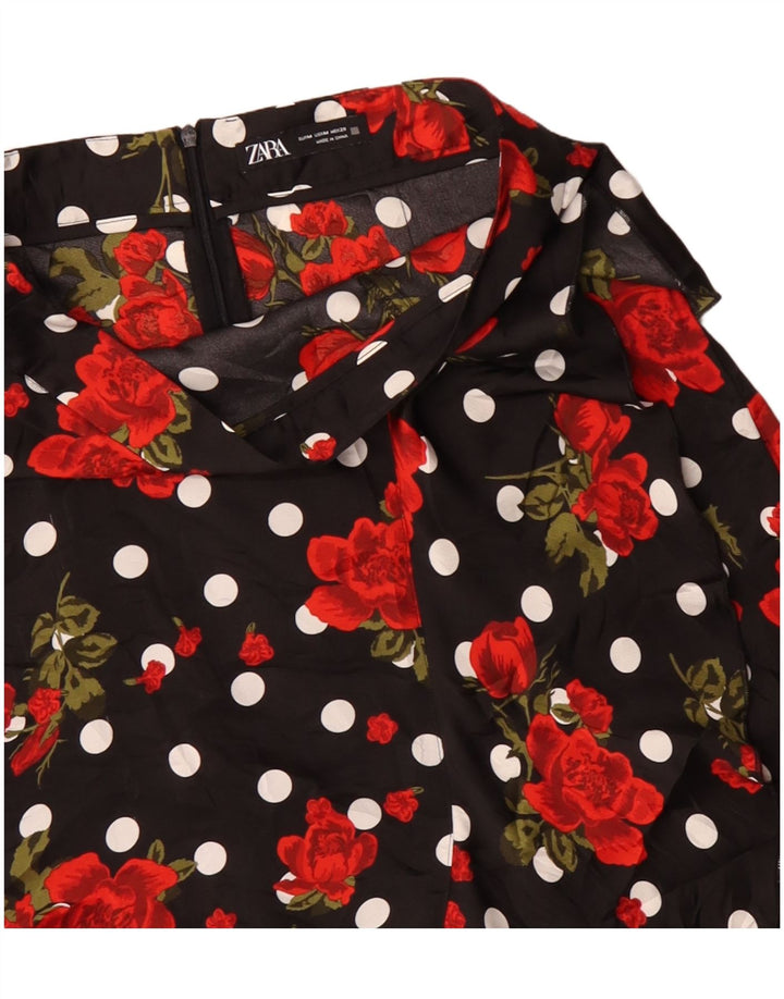 Zara Mujer Falda Asimétrica Acampanada Mediana W30 Poliéster Floral Negro