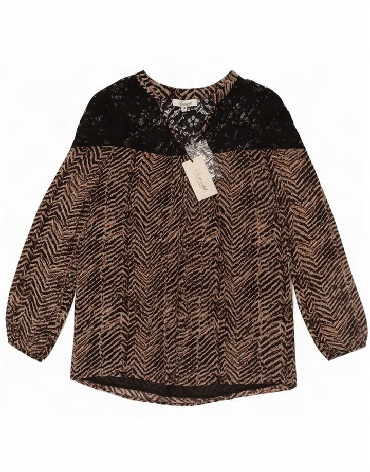 Vintage mujer manga larga blusa Top Reino Unido 12 marrón medio Chevron poliéster