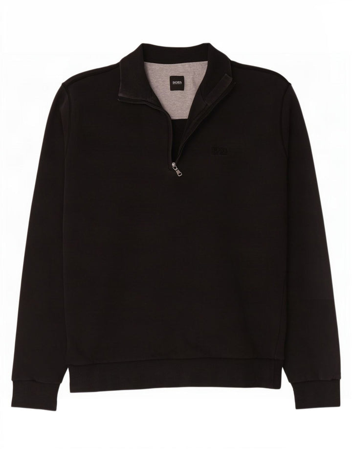 Hugo Boss Hombre: Sudadera con cuello y cremallera tipo jersey de algodón negro mediano