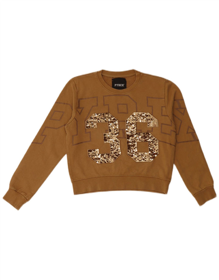 Pyrex Sudadera gráfica para mujer Jumper UK 6 XS Algodón marrón