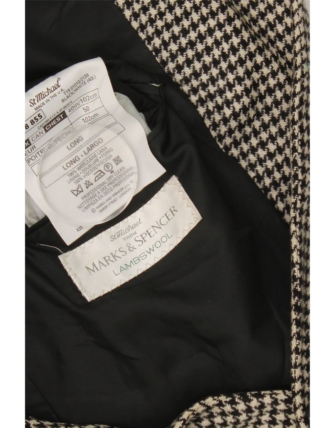 Marks & Spencer Chaqueta tipo blazer larga para hombre UK 40 Medium Black Houndstooth