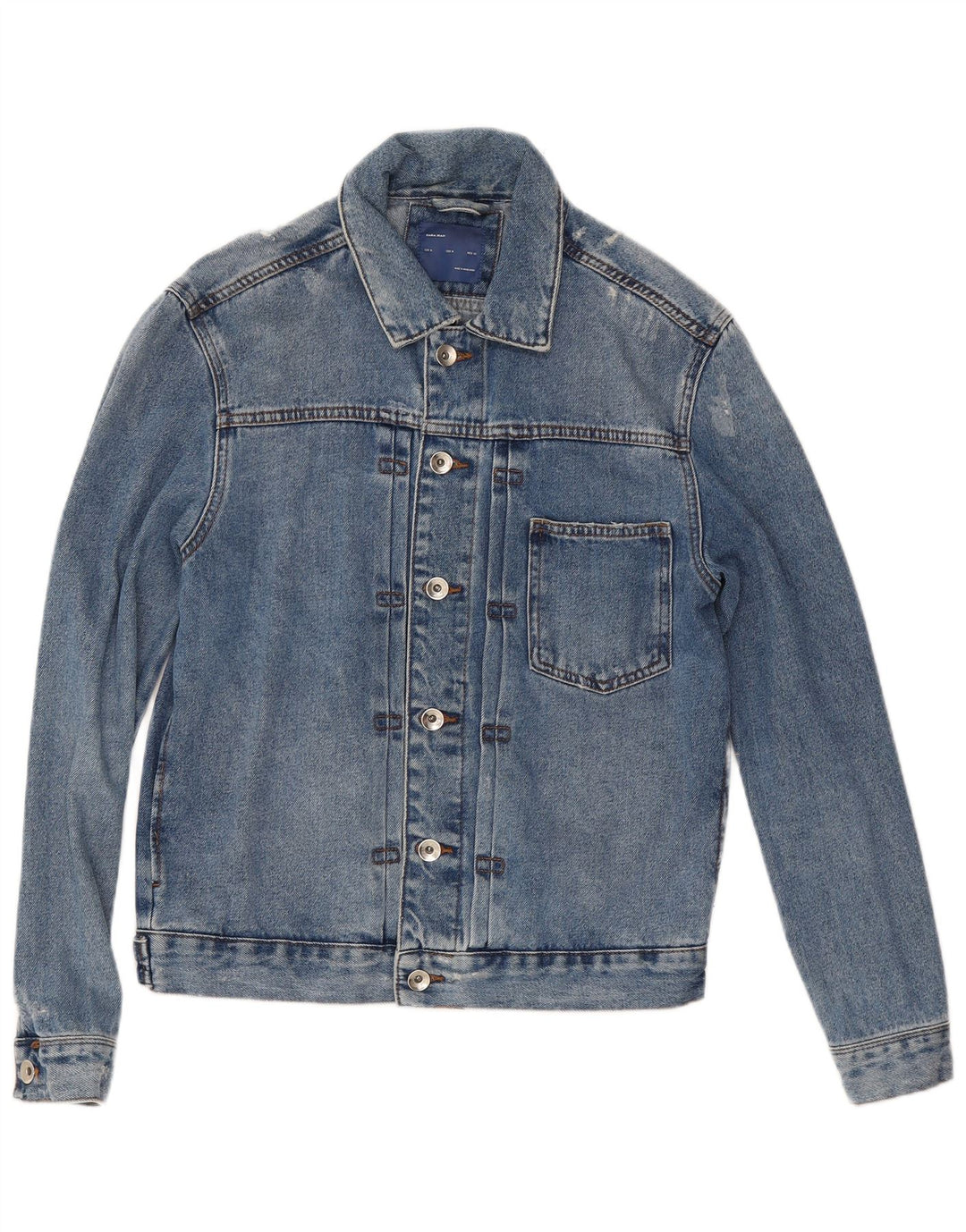 Zara Mens Chaqueta Vaquera Desgastada UK 38 Algodón Azul Medio
