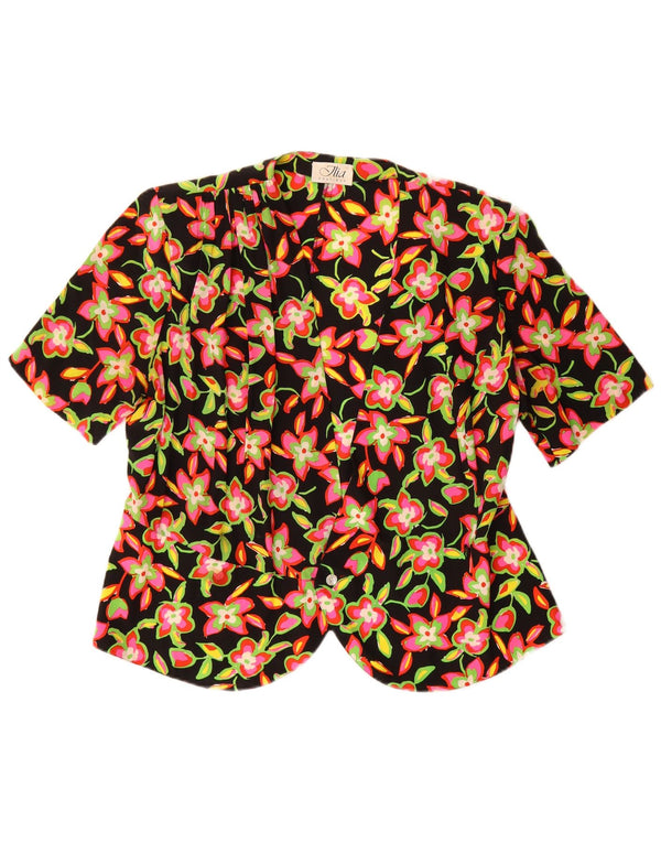Vintage mujer camisa de manga corta blusa IT 46 seda floral negra grande