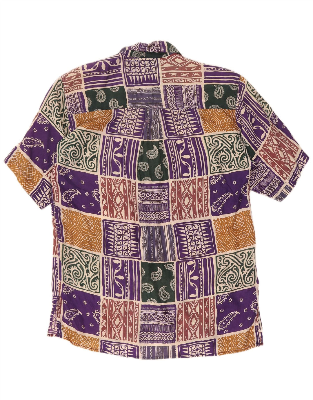 Vintage mujer camisa de manga corta Reino Unido 14 gran patchwork multicolor seda