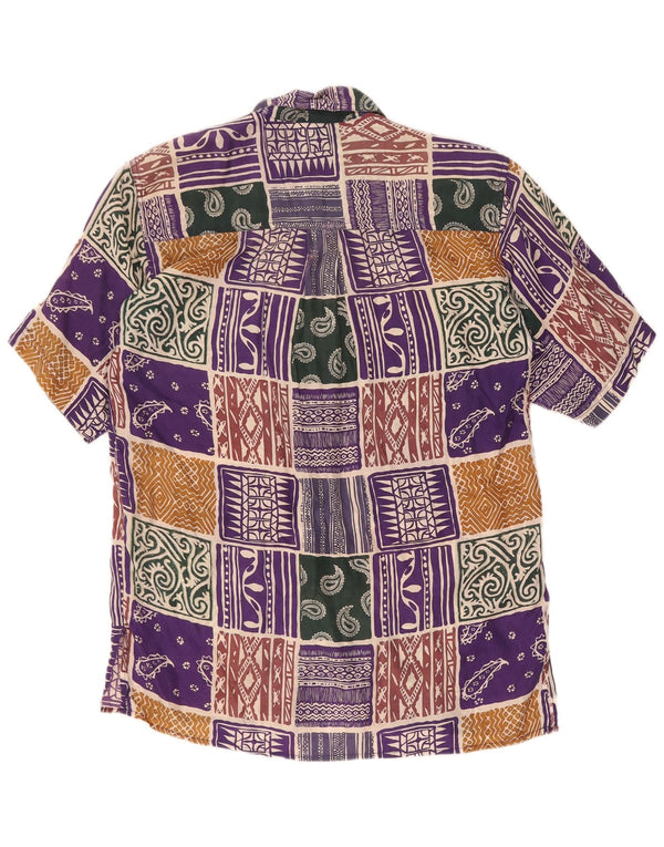 Vintage mujer camisa de manga corta Reino Unido 14 gran patchwork multicolor seda
