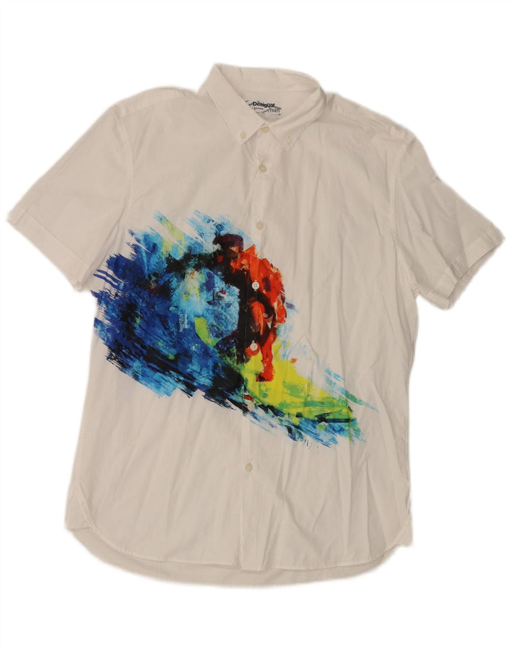 Desigual Hombre Camisa De Manga Corta Con Estampado Abstracto Grande Blanco