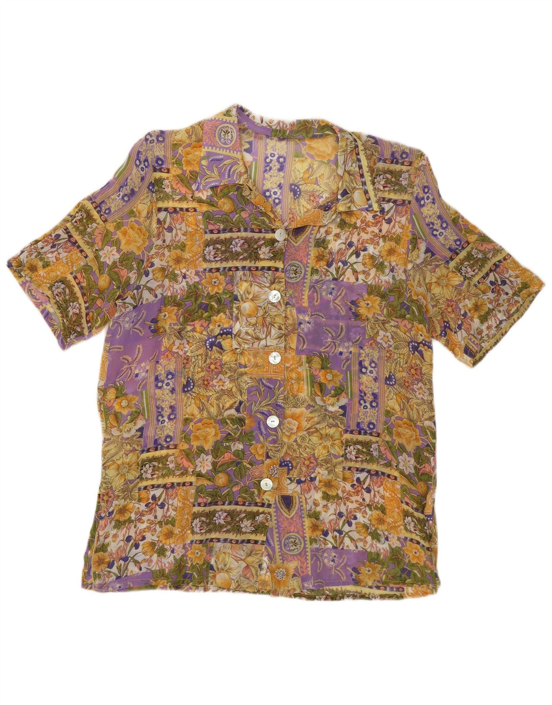 Vintage mujer manga corta camisa blusa Reino Unido 12 medio multicolor floral