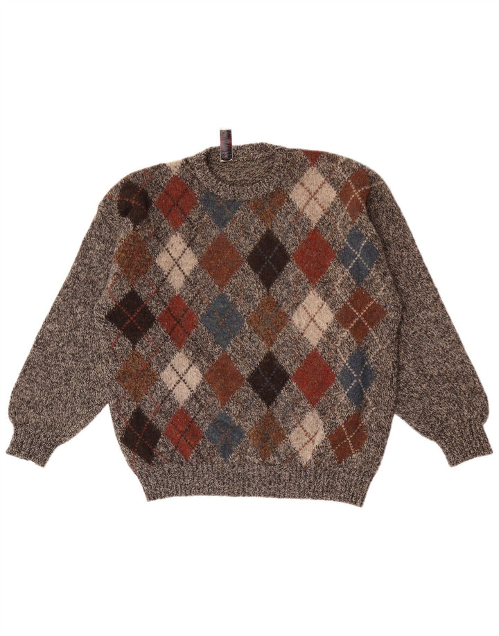 Donny & Max Jersey con cuello redondo para hombre, talla grande, lana gris Argyle/Diamond