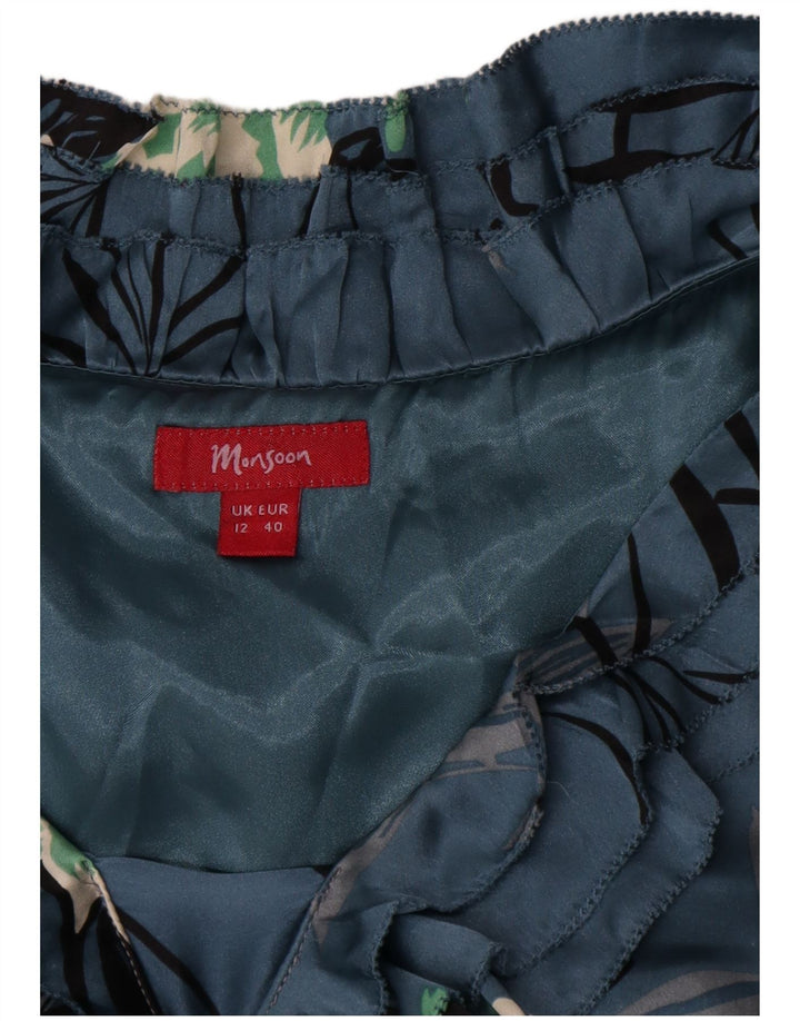 Monsoon Vestido acampanado con volante en la parte delantera para mujer, talla 48, seda floral azul medio