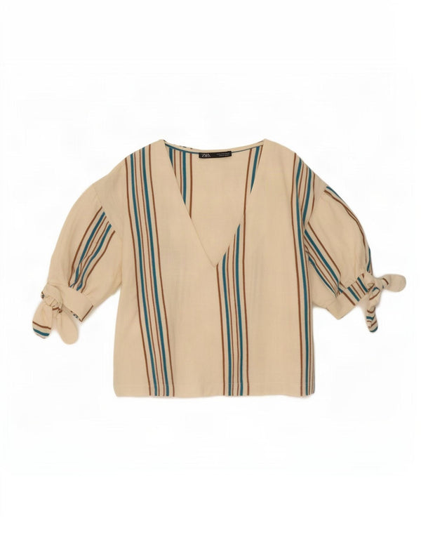 Zara Mujer Crop Blusa Top UK 10 Small Blanco Rayas Algodón