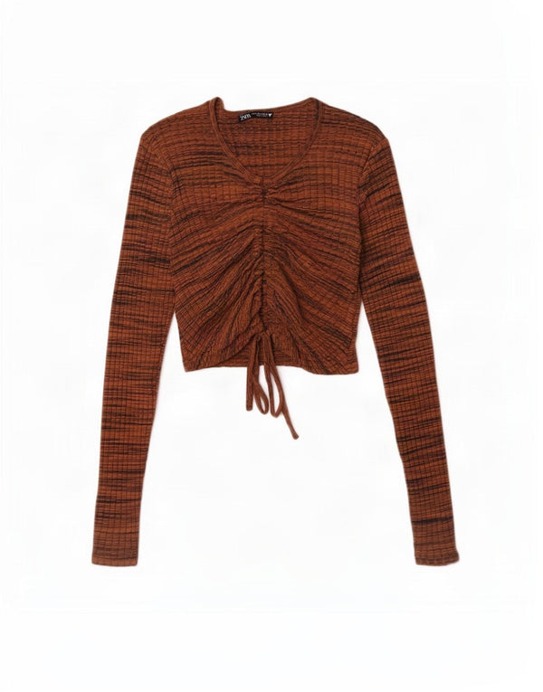 Zara Mujer Crop Top Manga Larga UK 8 Small Marrón Rayas Algodón