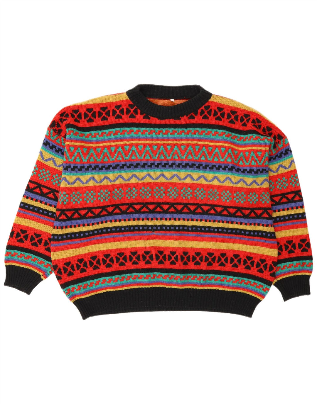 Vintage hombres cuello redondo jersey suéter medio multicolor Fair Isle