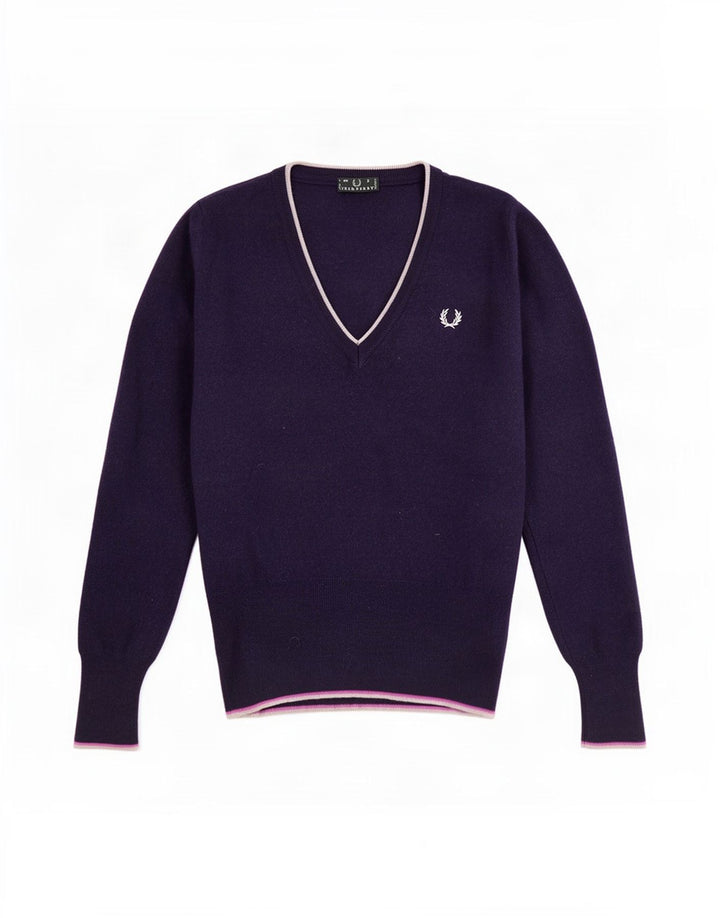 Fred Perry Jersey con Cuello en V para Mujer UK 8 Small Lana Azul Marino