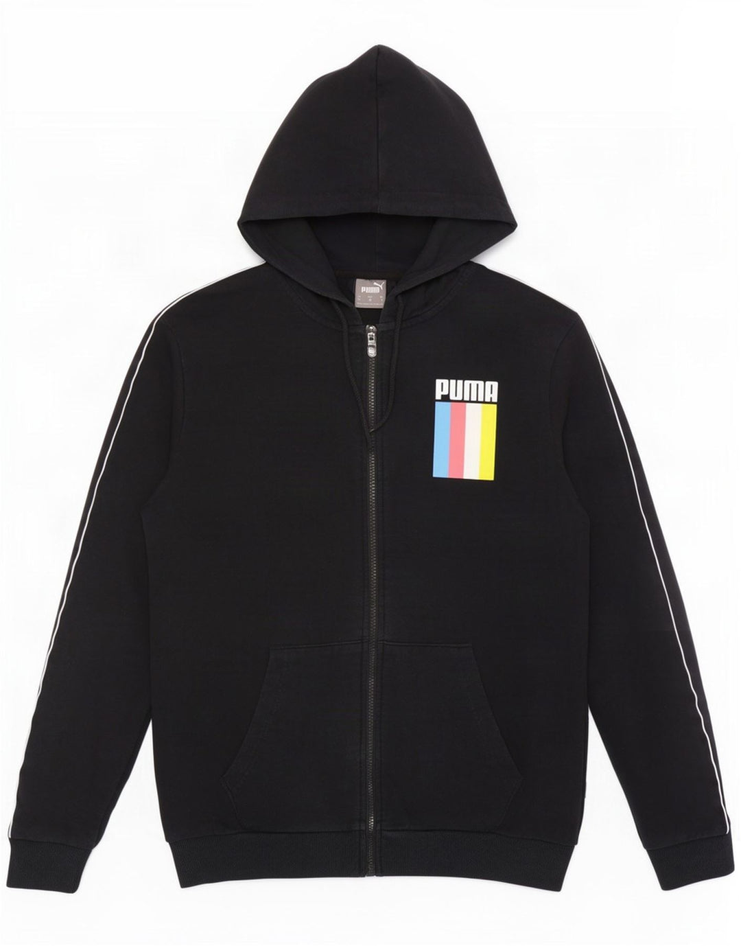 Puma Sudadera con capucha y cremallera gráfica para hombre, color negro mediano