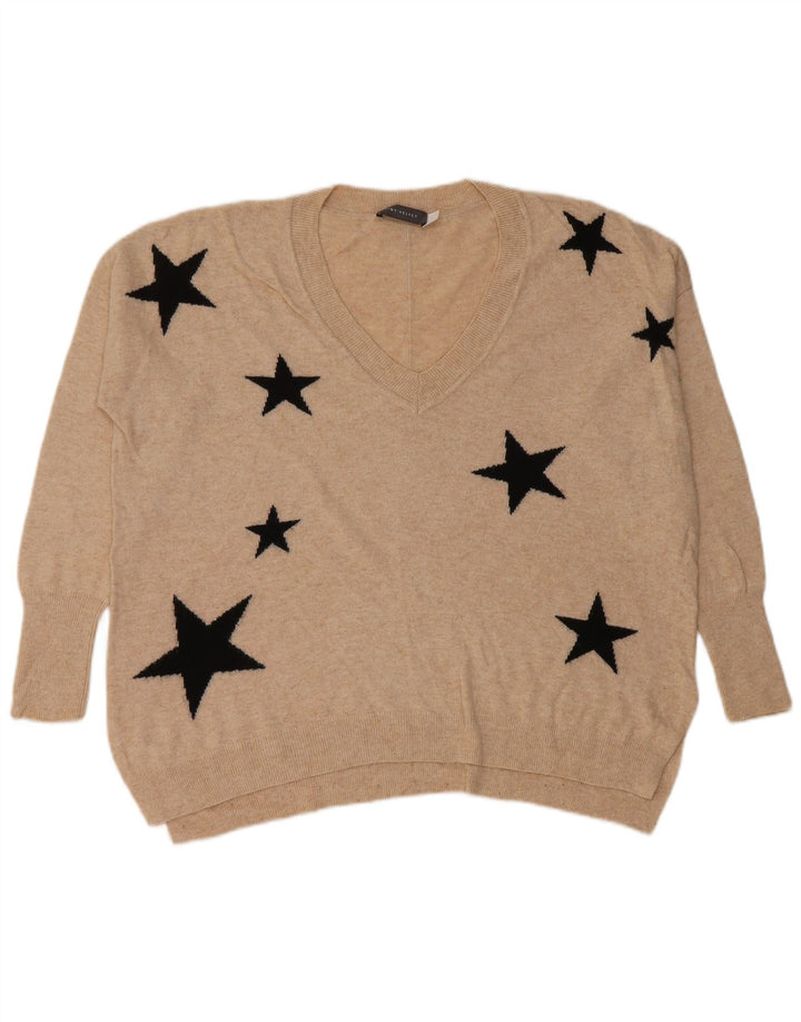 MINT VELVET Suéter tipo jersey con cuello en V y patrón abstracto para mujer UK 10 Small Beige