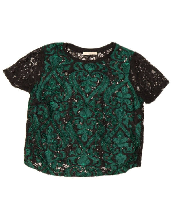 Zara Mujer Blusa Corta Top UK 44 Verde Medio Paisley