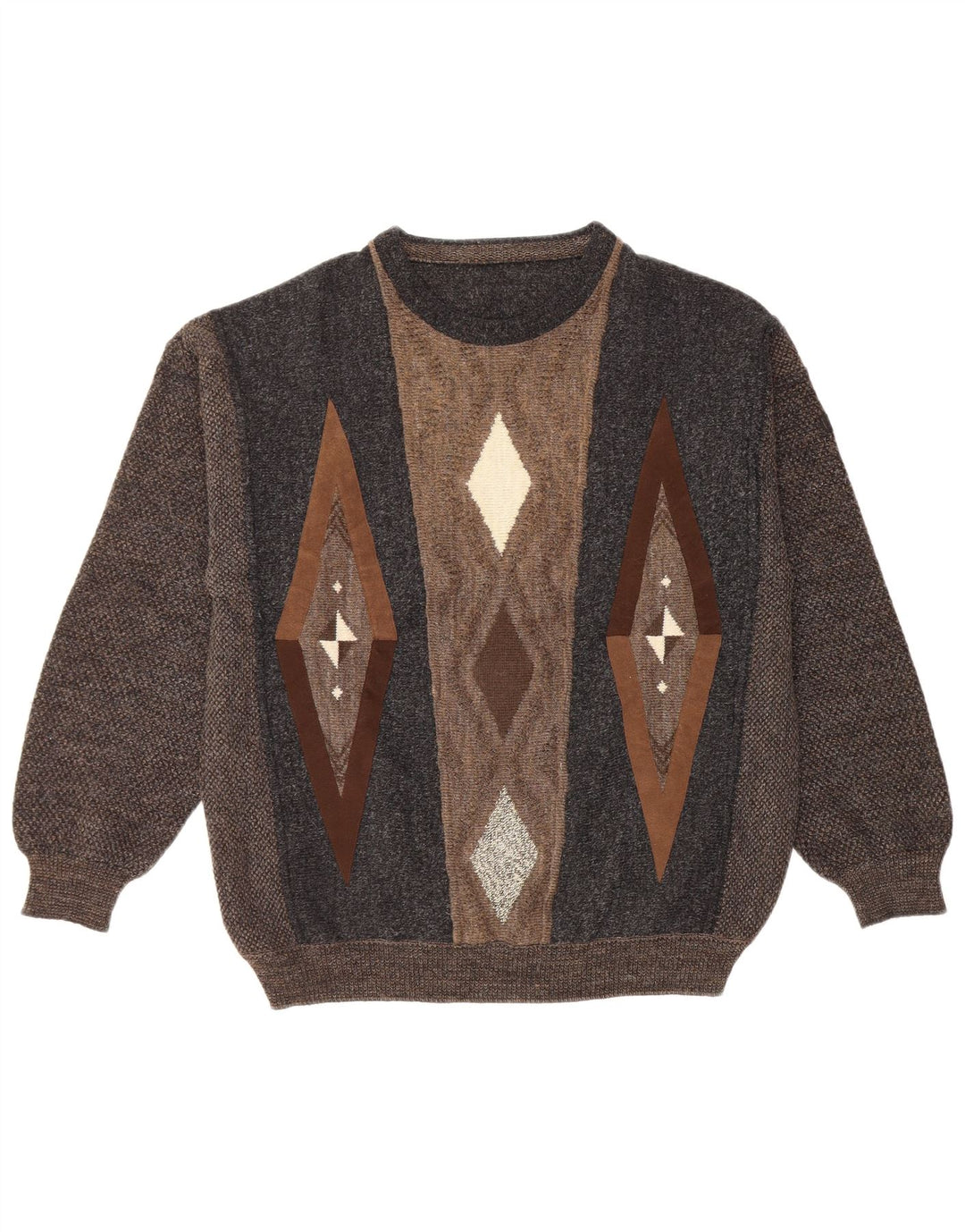 VINTAGE Jersey de cuello redondo para hombre IT 50 Lana geométrica marrón grande