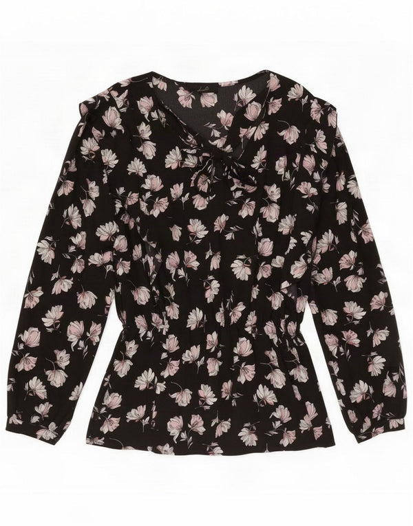 Blusa vintage de manga larga con lazo frontal para mujer UK 46 Large Black Floral