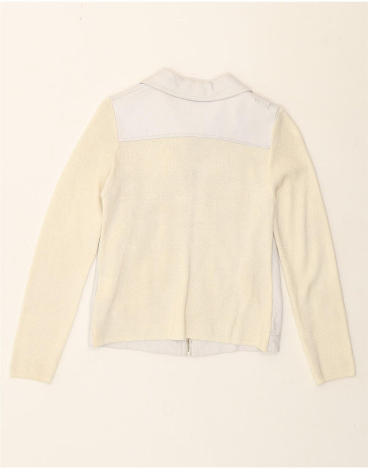 Vintage mujer biker chaqueta Reino Unido 8 pequeño off blanco colorblock acrílico