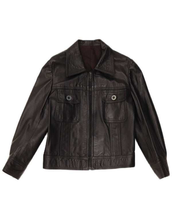 Vintage mujer crop cuero chaqueta Reino Unido 10 pequeño cuero negro