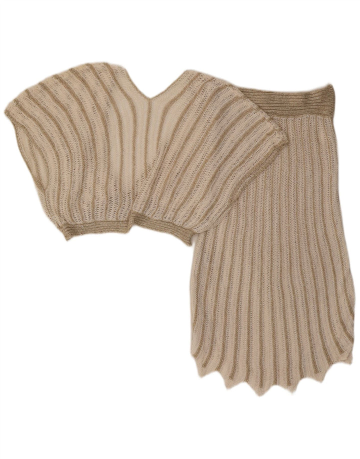 Vintage mujer 2 piezas falda set Reino Unido 8 pequeño W26 beige rayas acrílico