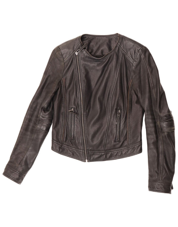 Max Mujer Crop Biker Chaqueta De Cuero UK 12 Medium Cuero Negro