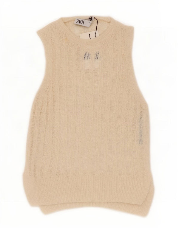 Zara Camiseta sin mangas transparente para mujer UK 12 Medium Off White Cotton