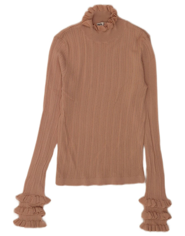 Zara Mujer Crop Top Manga Larga UK 10 Small Viscosa Beige