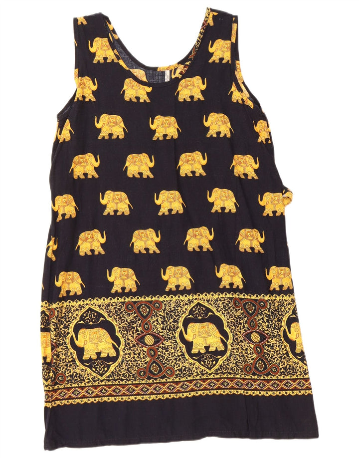 VINTAGE Vestido de verano sin mangas para mujer Reino Unido 12 Algodón con estampado animal negro mediano