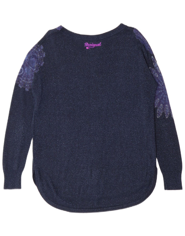 Desigual Womens Boat Neck Jumper Sweater UK 14 Large Navy Blue Colourful