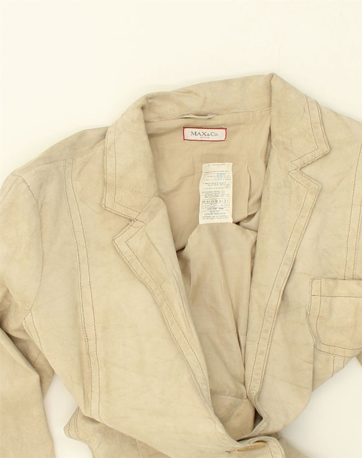 MAX & CO. Womens 1 Button Leather Blazer Jacket IT 46 Large Beige Leather | Vintage Max & Co. | Thrift | Second-Hand Max & Co. | Used Clothing | Messina Hembry 