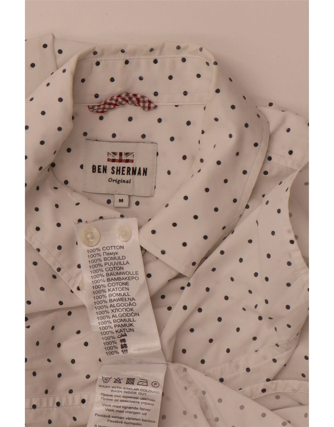 BEN SHERMAN Camisa de hombre mediana de algodón con lunares blancos