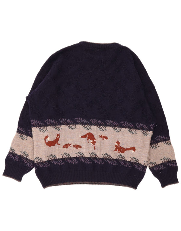 Vintage hombres gráfico cuello redondo jersey suéter XL púrpura colorblock lana