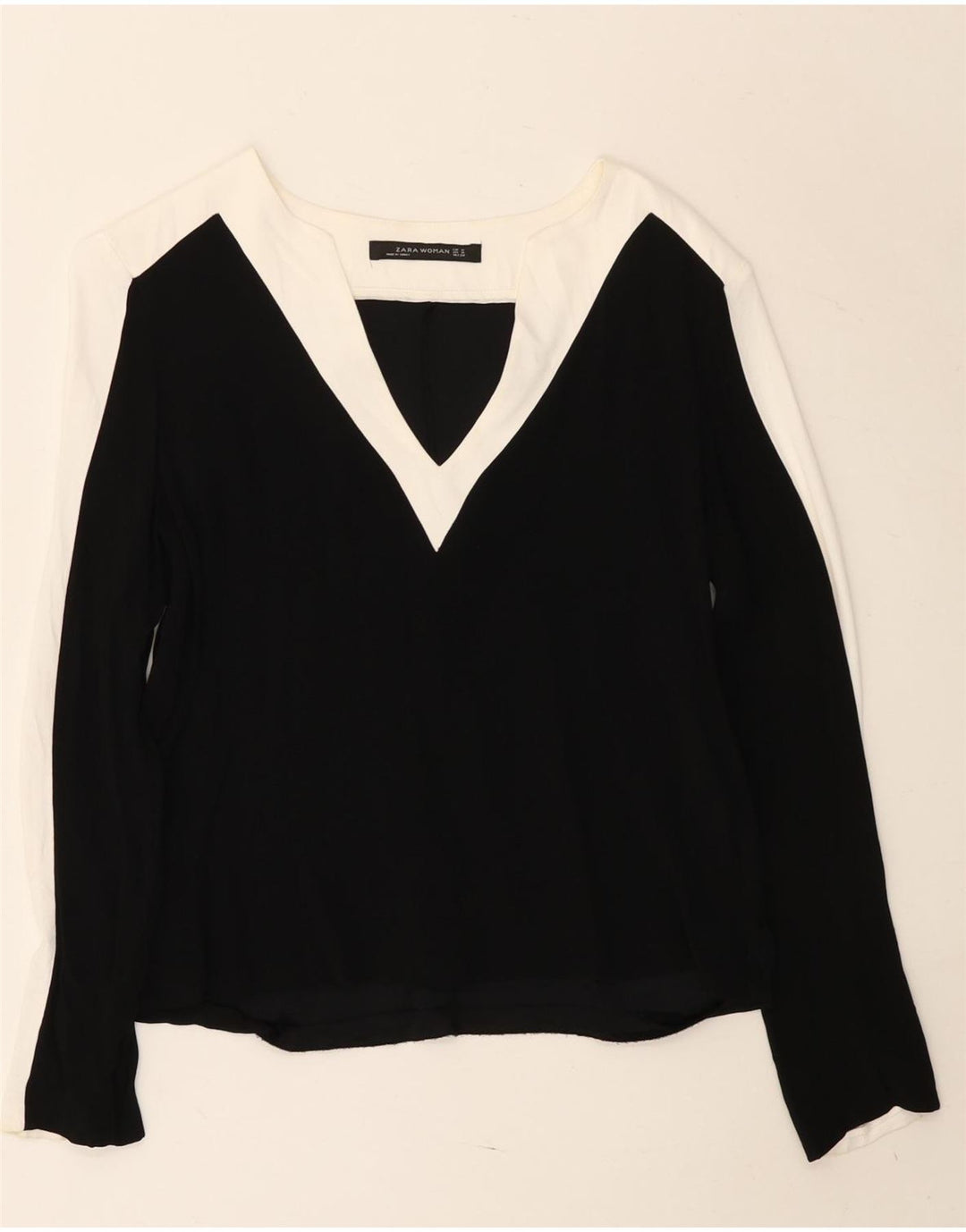 Zara Mujer Top Manga Larga UK 44 Medio Negro Colorblock Viscosa