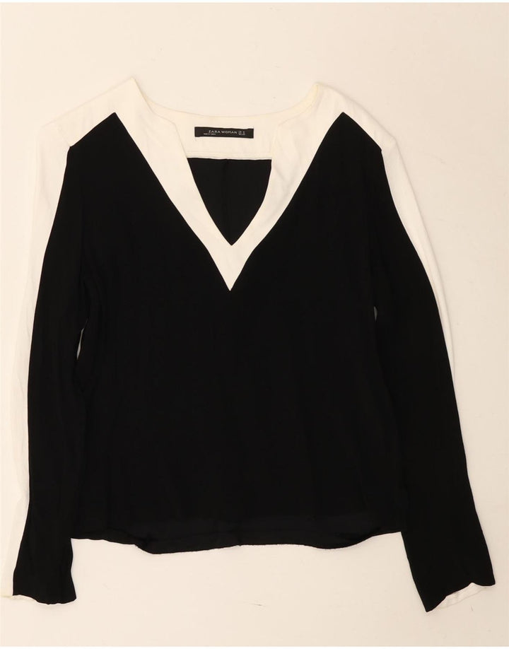 Zara Mujer Top Manga Larga UK 44 Medio Negro Colorblock Viscosa