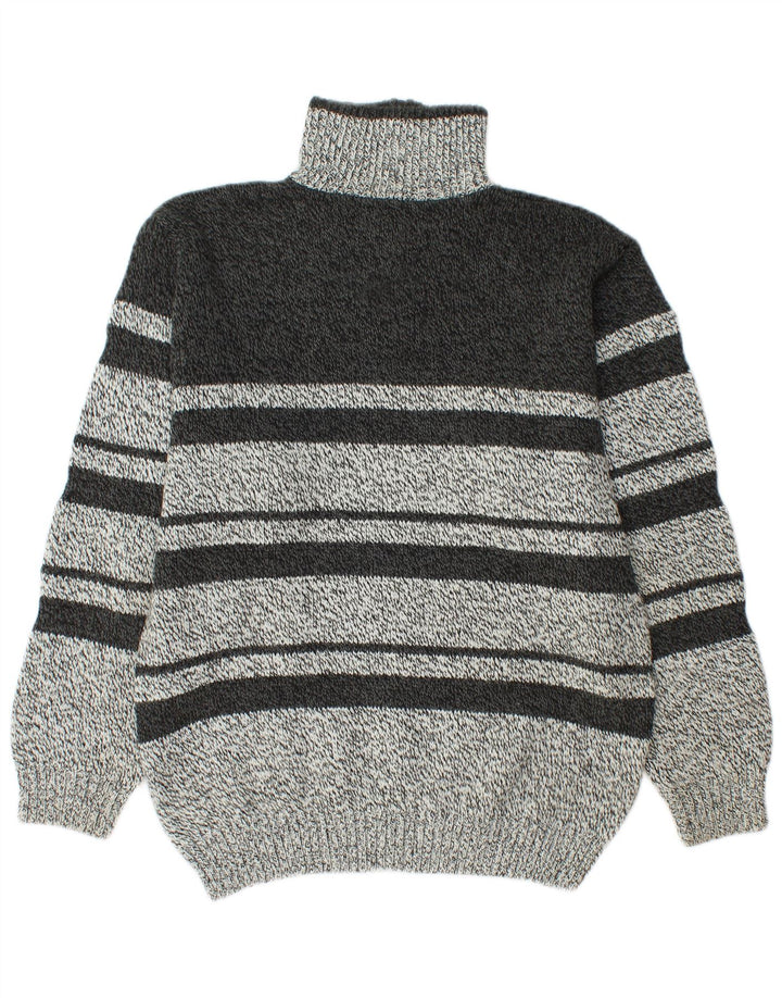 Vintage hombres zip cuello jumper suéter medio gris rayas acrílico
