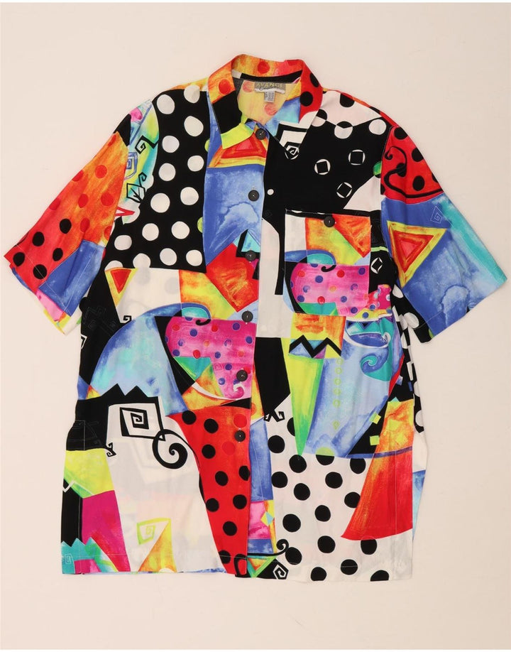 VINTAGE Camisa de gran tamaño para mujer Reino Unido 10/12 Pequeña geométrica multicolor