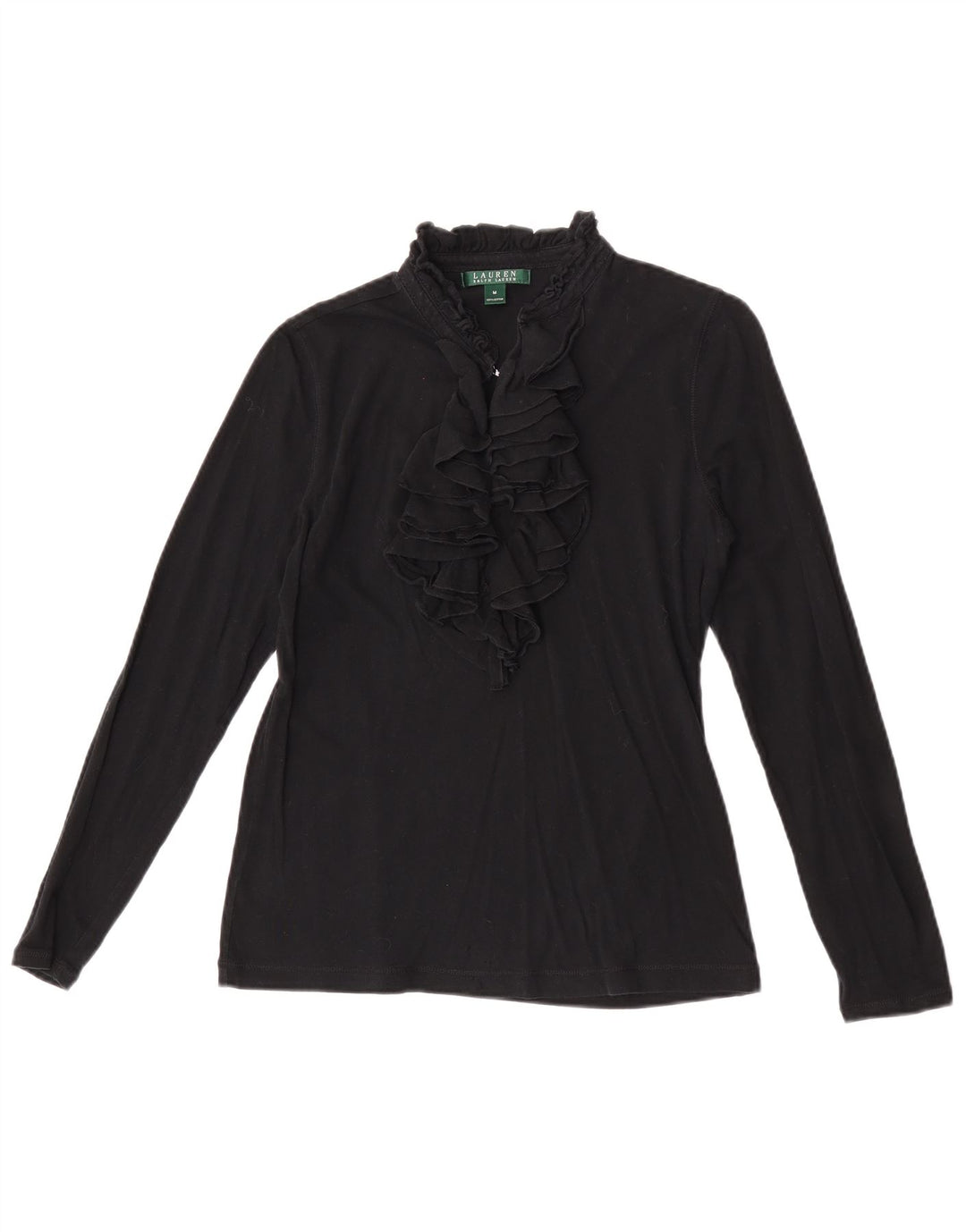 Ralph Lauren Top con volantes en la parte delantera para mujer, manga larga, Reino Unido 12, mediano, negro