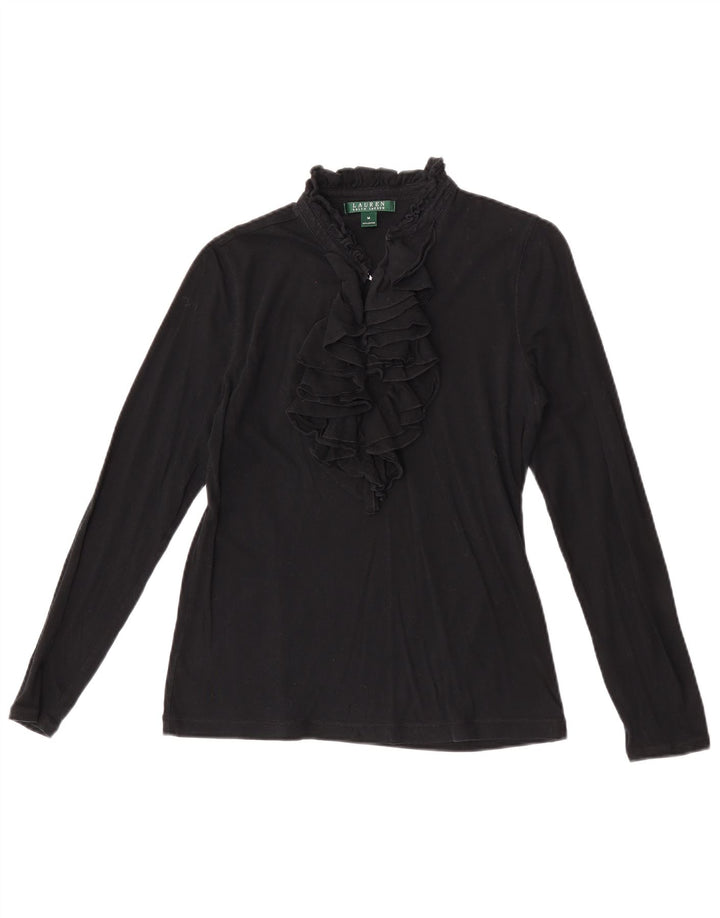 Ralph Lauren Top con volantes en la parte delantera para mujer, manga larga, Reino Unido 12, mediano, negro