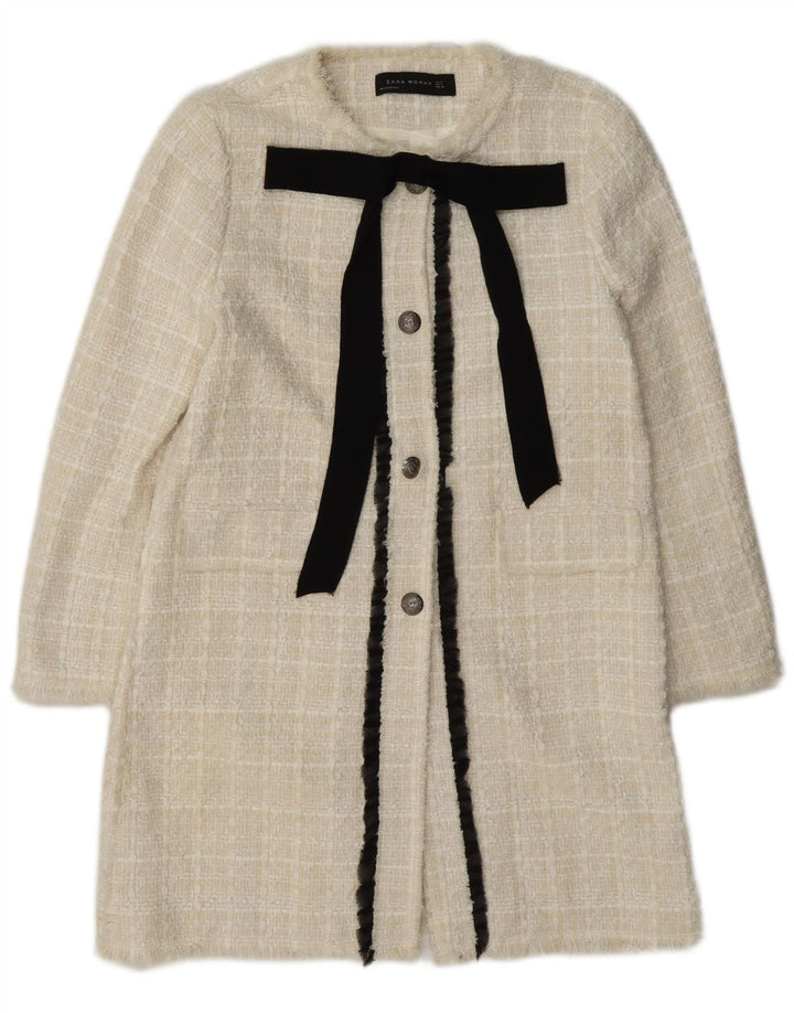 Zara Chaqueta Blazer Larga De 3 Botones para Mujer Reino Unido 40 Mediano Algodón A Cuadros Blanco