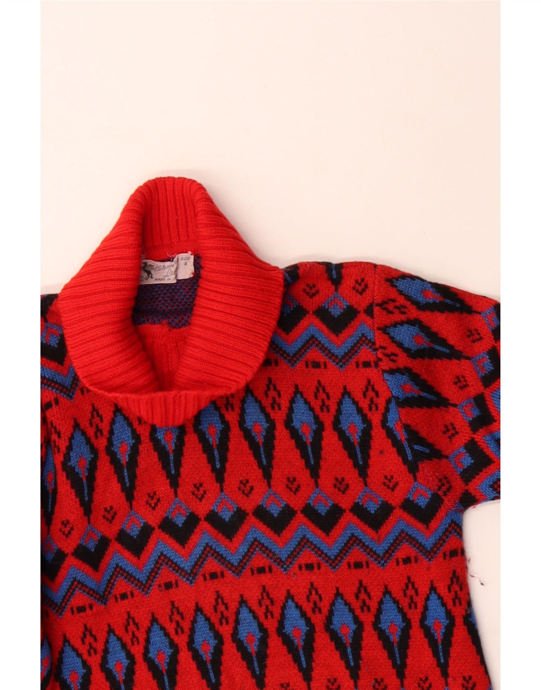 Vintage mujer rollo cuello jersey suéter tamaño 4 pequeña lana roja Fair Isle