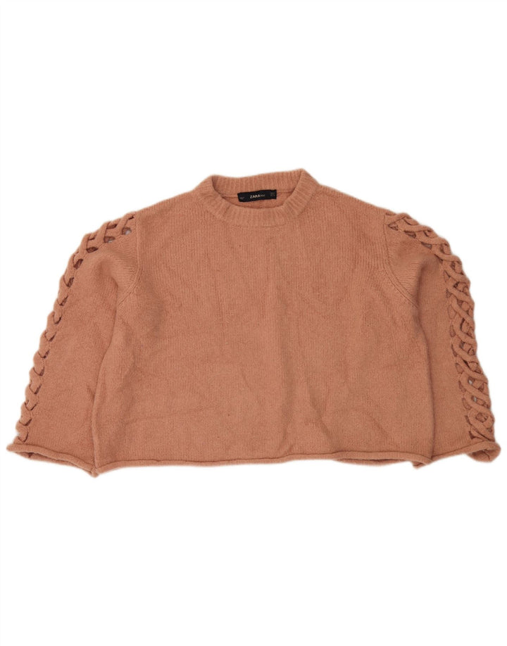 Zara Mujer Crop Crew Neck Jumper Sweater UK 12 Medio Naranja Poliéster