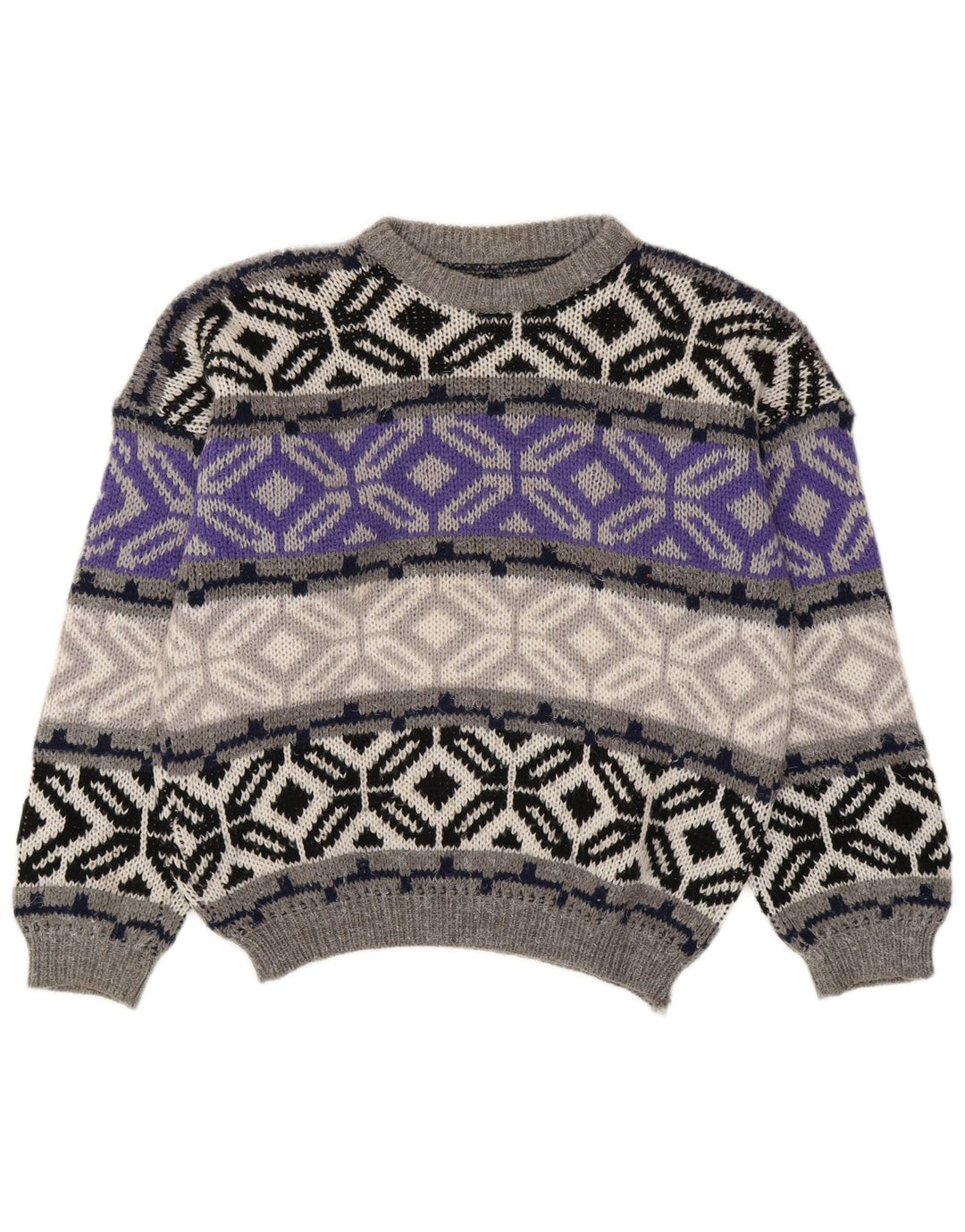 Vintage hombres cuello redondo jersey suéter pequeño gris Fair Isle