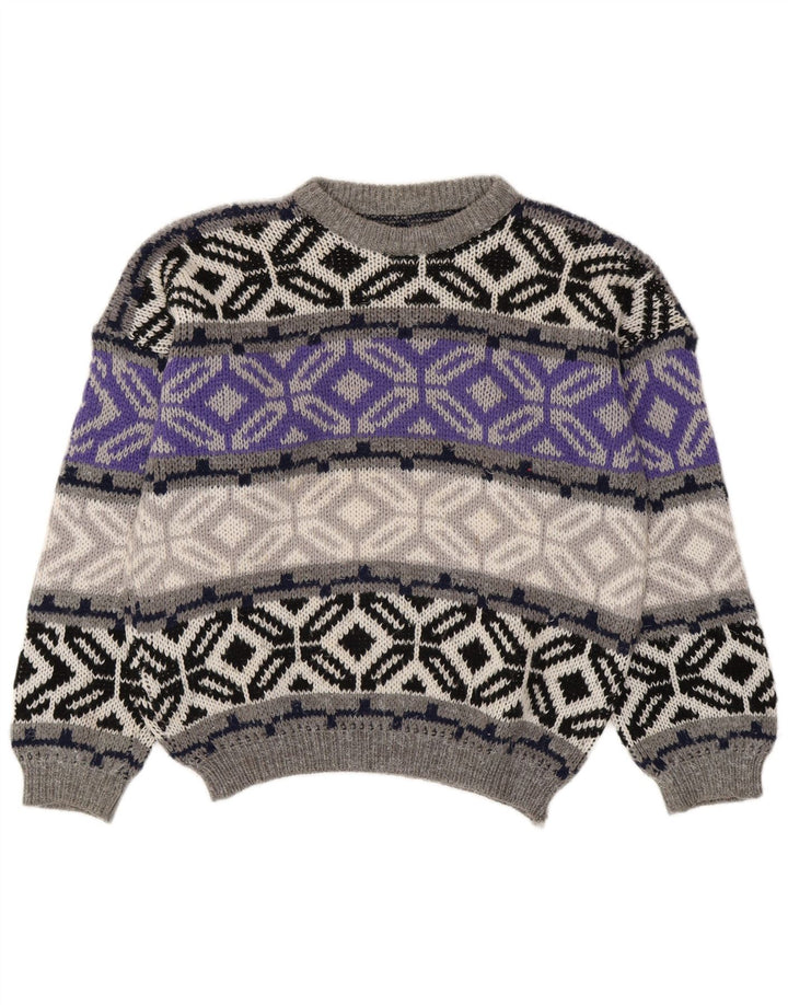 Vintage hombres cuello redondo jersey suéter pequeño gris Fair Isle