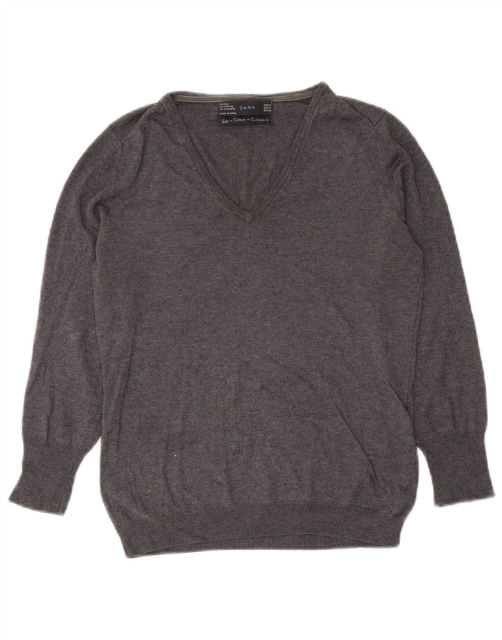 Zara - Jersey con cuello en V para mujer, talla 42, seda gris medio