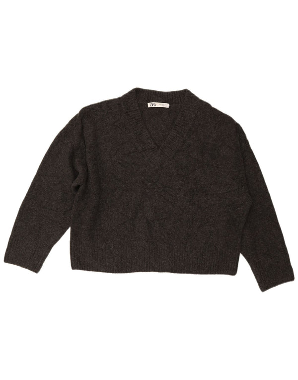 ZARA Suéter tipo jersey corto con cuello en V de gran tamaño para mujer UK 10 Small Gris