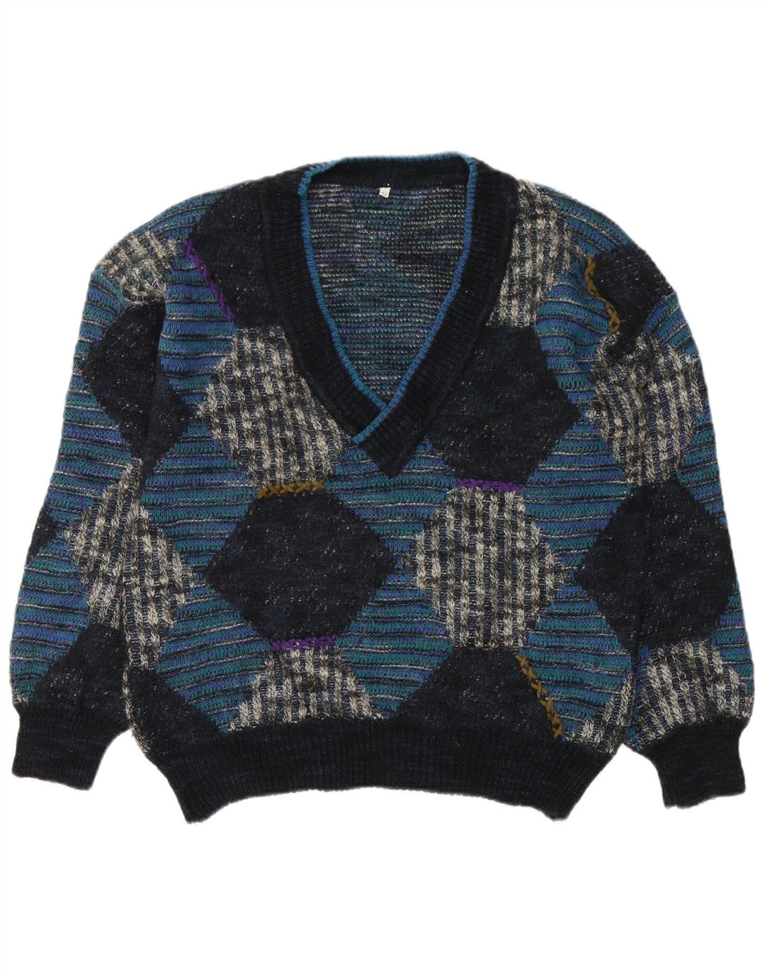 Vintage hombres V-cuello jumper suéter IT 48 azul medio Argyle/lana de diamante