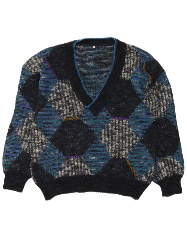 Vintage hombres V-cuello jumper suéter IT 48 azul medio Argyle/lana de diamante